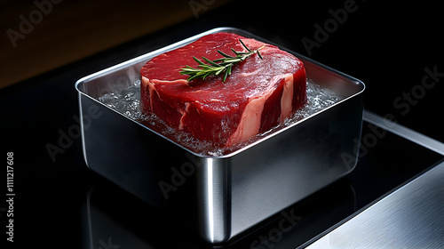 Sous vide beef with rosemary in stainless steel container photo