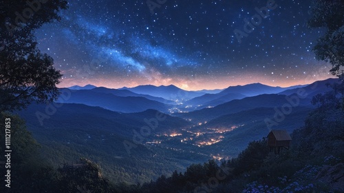 Starry night sky over a mountain valley village.