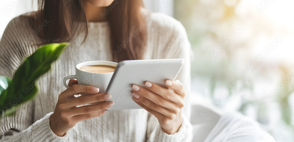 Woman Enjoying Coffee While Reading on Tablet, Cozy Home Atmosphere with Green Plant Woman Enjoying Coffee While Reading on Tablet, Cozy Home Atmosphere with Green Plant