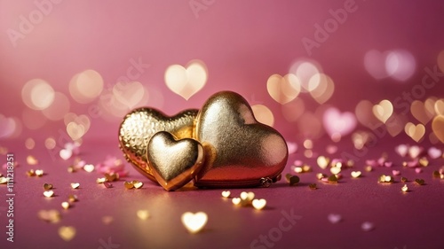 Glittery heart ornament hanging by a ribbon, surrounded by soft bokeh hearts on a pink background. Concept of love and romance. Valentines day background