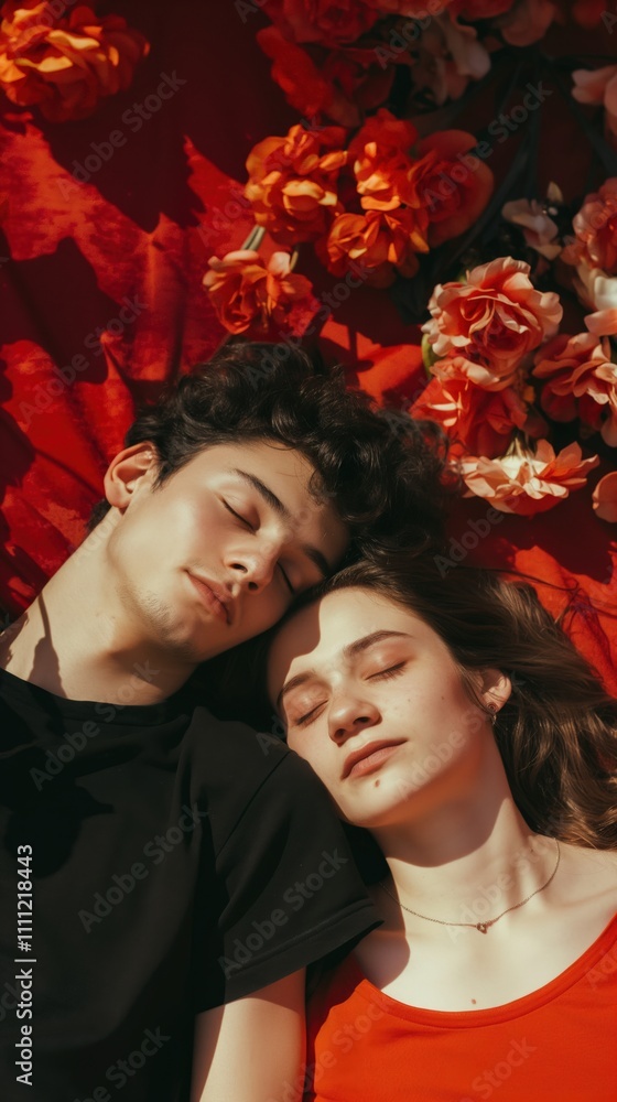 Two people relax among red flowers, capturing love and celebration on Valentine's Day Two people relax among red flowers, capturing love and celebration on Valentine's Day