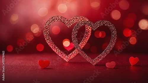 Glittery heart ornament hanging by a ribbon, surrounded by soft bokeh hearts on a pink background. Concept of love and romance. Valentines day background