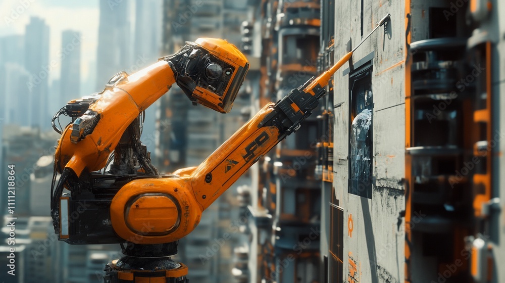 A robotic arm painting on a futuristic building in a cityscape. A robotic arm painting on a futuristic building in a cityscape.