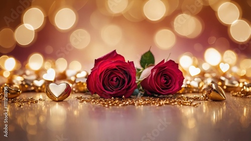 Close-up of a delicate pink rose surrounded by golden heart decorations on a bokeh-lit background, symbolizing romance. Valentines day