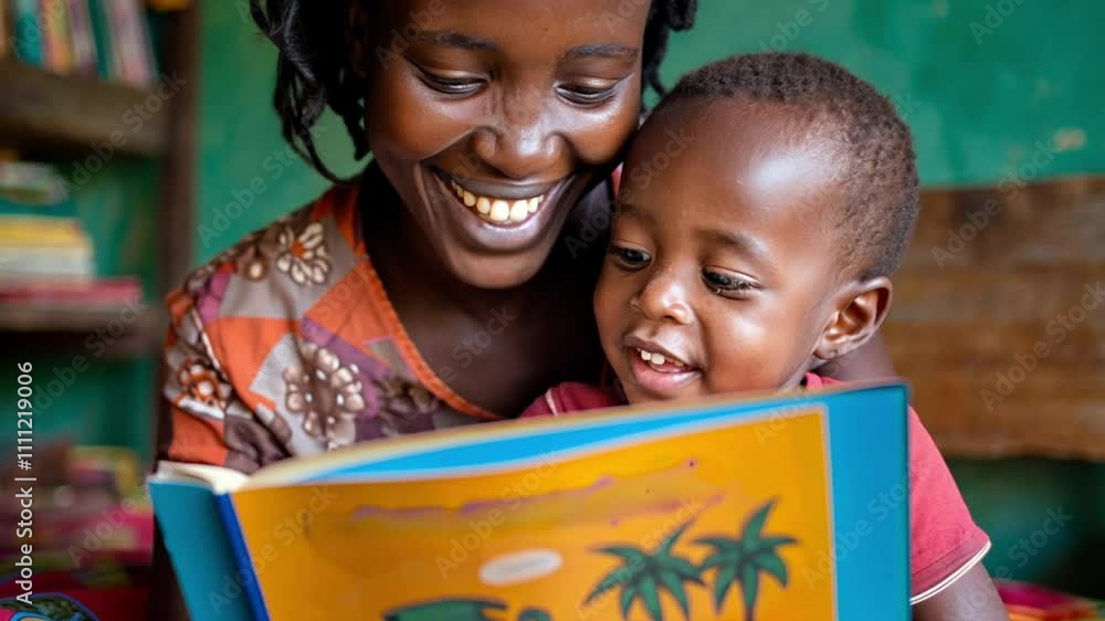 A joyful African mother reads a colorful book with her young child in a cozy setting. Concept of nurturing and the power of education in early childhood in Africa. A joyful African mother reads a colorful book with her young child in a cozy setting. Concept of nurturing and the power of education in early childhood in Africa.