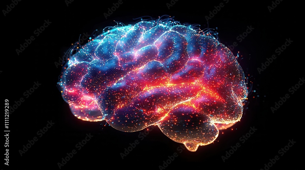 Fototapeta premium A vibrant, artistic representation of a brain, illuminated with colorful lights against a dark backdrop, symbolizing creativity and intelligence.