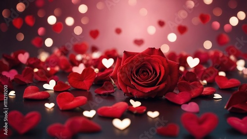 Red rose surrounded by petals, glowing heart-shaped lights on a soft pink background, symbolizing love and romance. Valentines day