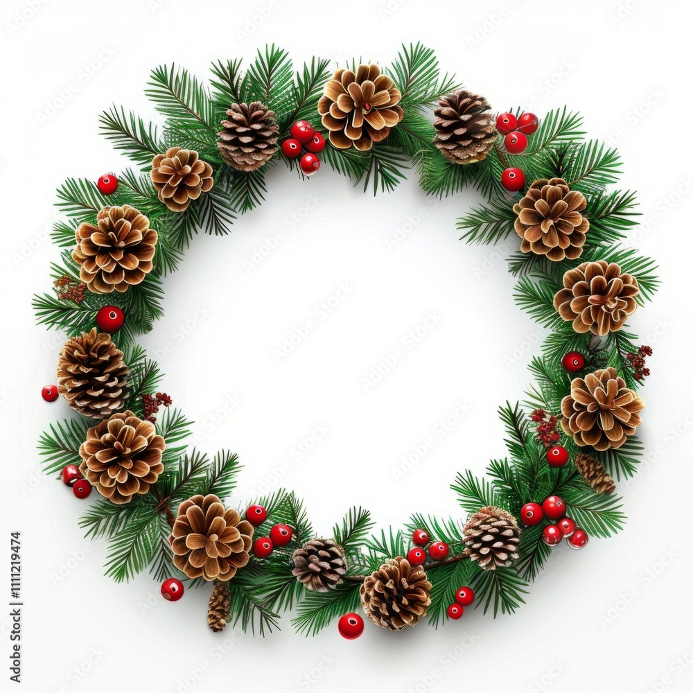 Fototapeta premium Festive christmas wreath with pine cones and red berries for holiday decoration