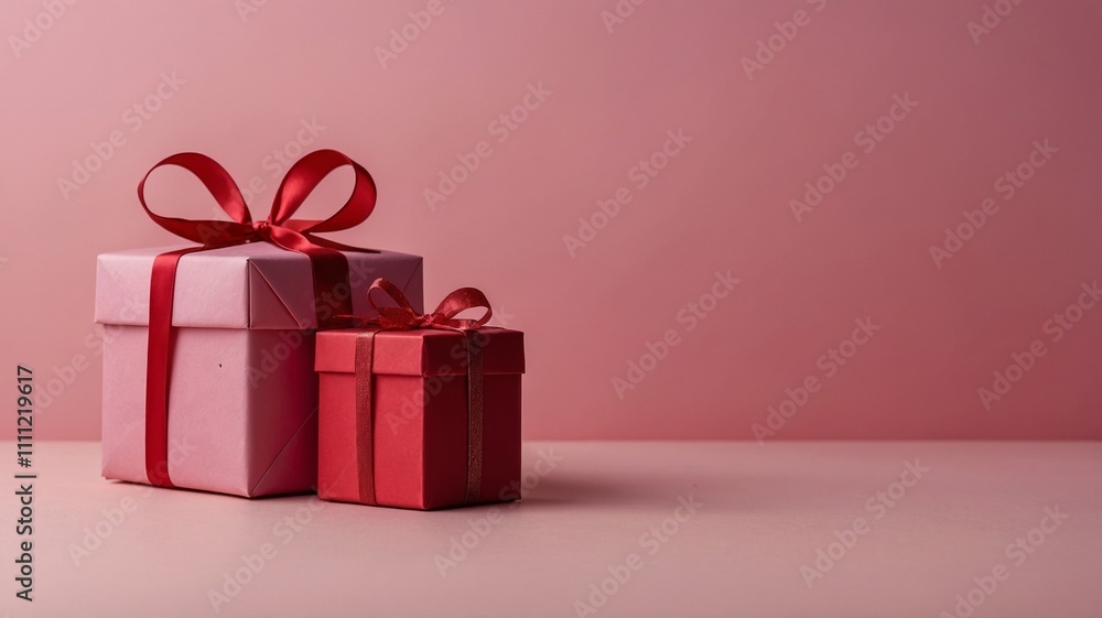 Pink gift box with red ribbon surrounded by roses and red heart shapes on a gradient pink background, concept of romance. Valentines day Pink gift box with red ribbon surrounded by roses and red heart shapes on a gradient pink background, concept of romance. Valentines day