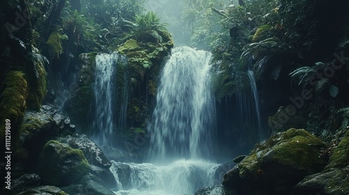 Lush rainforest waterfall cascading over mossy rocks.