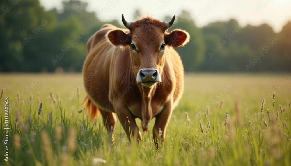 Cute brown cow stands in rich green meadow. Calm sunny day in rural area. Farm animal portrait. Close-up view of cow. Natural landscape. Peaceful scene in countryside. Ideal for agricultural themes. Cute brown cow stands in rich green meadow. Calm sunny day in rural area. Farm animal portrait. Close-up view of cow. Natural landscape. Peaceful scene in countryside. Ideal for agricultural themes.