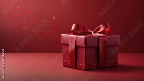 Red present box tied with satin ribbon, on a red background, with red petals floating, symbolizing celebration and romance. Valentines day