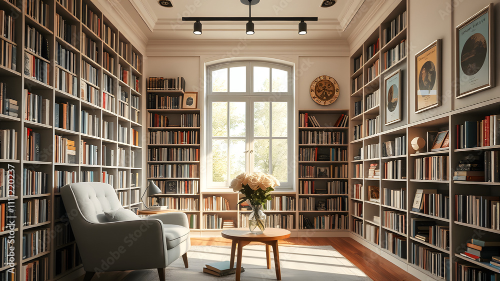 A serene reading room with large floor-to-ceiling bookshelves, a comfortable armchair bathed in natural light, and soft LED spot A serene reading room with large floor-to-ceiling bookshelves, a comfortable armchair bathed in natural light, and soft LED spot
