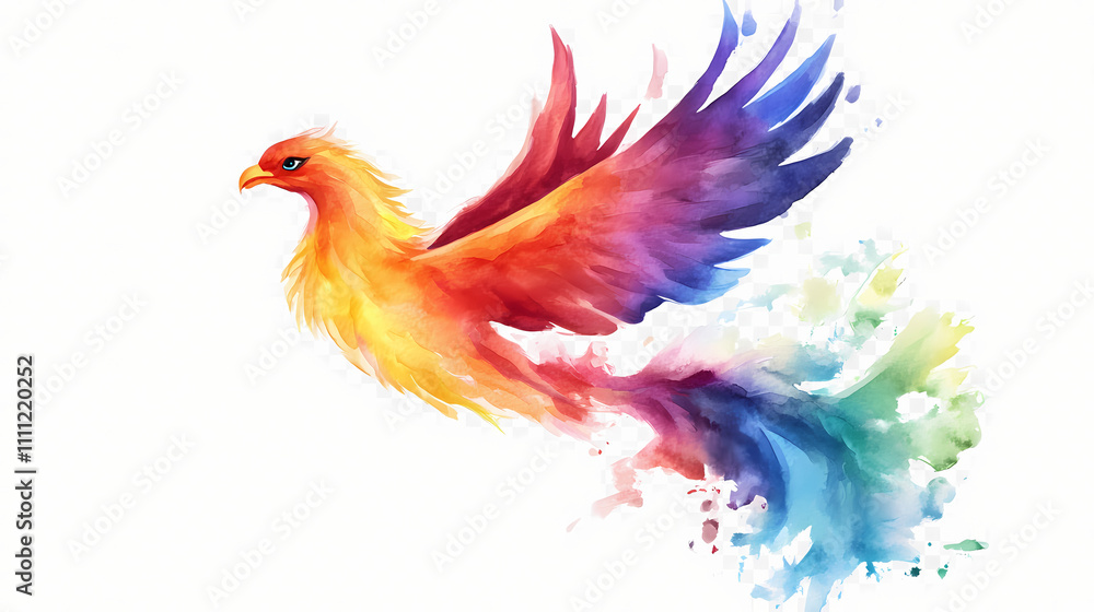 Fototapeta premium A watercolor illustration features the lgbtq+ pride flag morphing into a colorful phoenix, symbolizing resilience, on a transparent background. Phoenix. Illustration