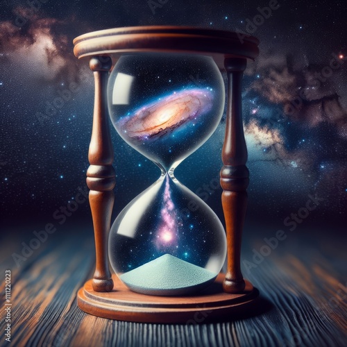 Hourglass with galaxy inside against cosmic background. Generated AI.