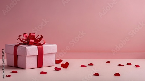 Pink gift box with red ribbon surrounded by roses and red heart shapes on a gradient pink background, concept of romance. Valentines day