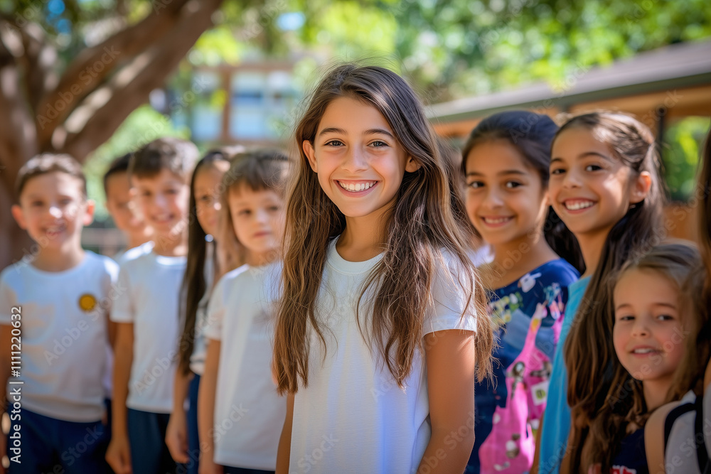 Fototapeta premium Happy schoolchildren in a lineup outdoors, highlighting diversity and friendship in a natural learning environment.