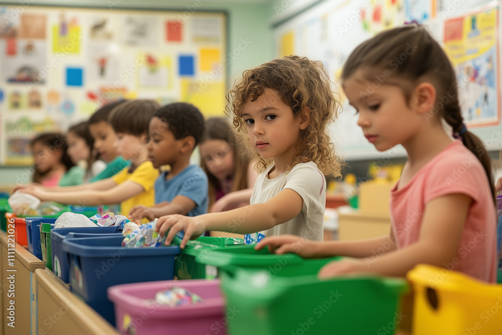 Fototapeta premium Diverse children sorting recyclables into colorful bins in a classroom, promoting environmental education and sustainability practices among the young generation.