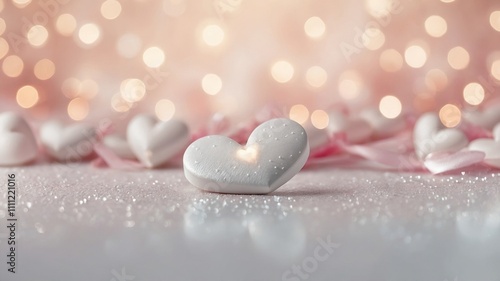 Close-up of red and white decorative hearts on a light surface with golden bokeh lights, symbolizing love and romance. Valentines day background