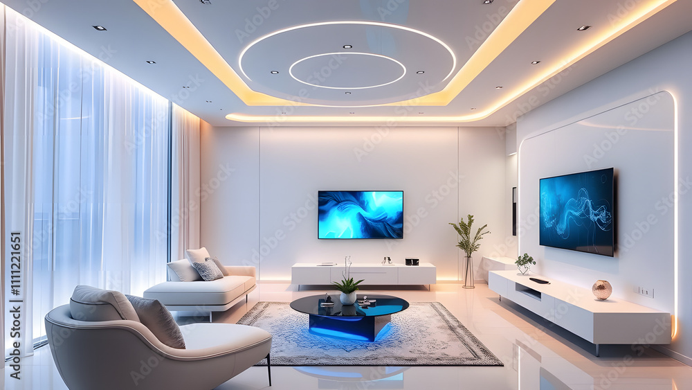 Advanced smart home interior with voice-activated lighting, futuristic furniture, and interactive digital scre Advanced smart home interior with voice-activated lighting, futuristic furniture, and interactive digital scre