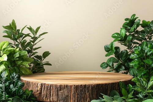 A natural minimalist wooden podium on beige background with Plants. Organic skincare cosmetic 
