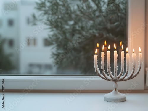 Frosted window framing a glowing menorah, serene winter scene, candles softly burning photo