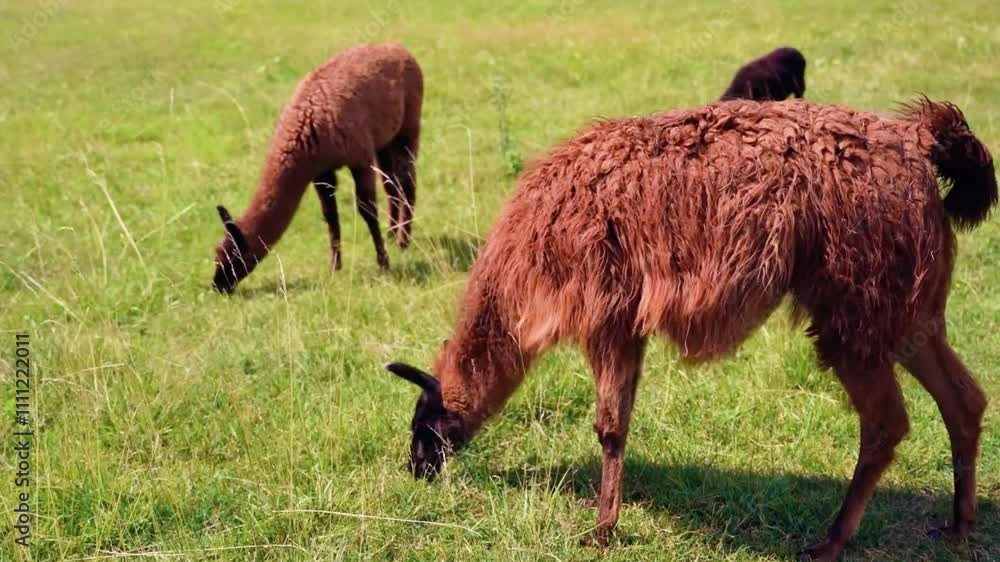 llama pets graze on a green lawn on a sunny spring day. llama pets graze on a green lawn on a sunny spring day.