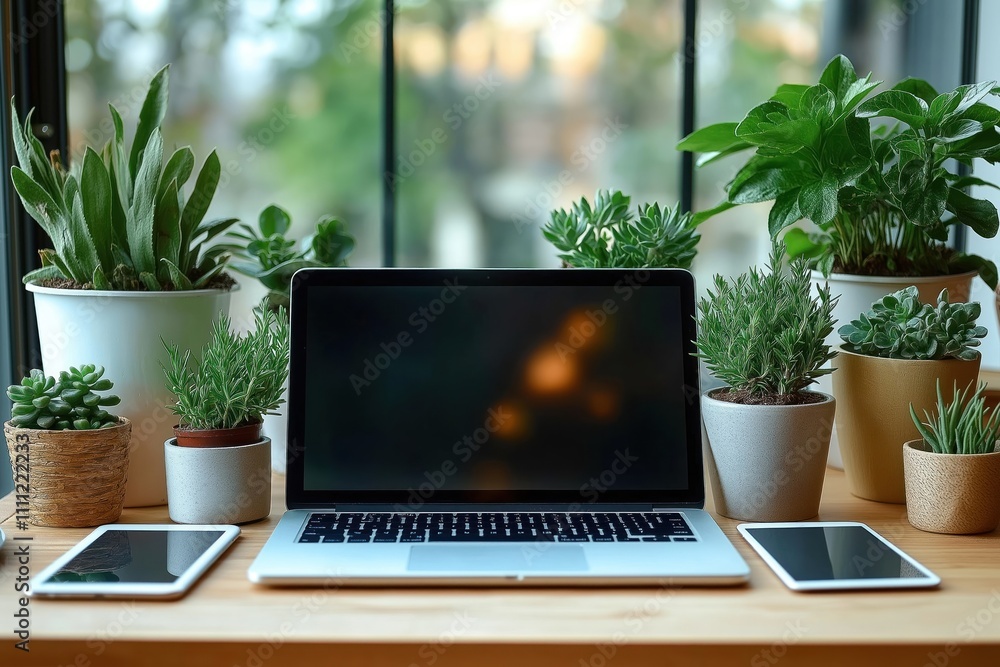 Modern workspace with laptop tablet, indoor plants. Fresh, inspiring environment for productivity. Desk setup shows tech tools, green eco elements. Plenty of natural light through window. Inspiring Modern workspace with laptop tablet, indoor plants. Fresh, inspiring environment for productivity. Desk setup shows tech tools, green eco elements. Plenty of natural light through window. Inspiring