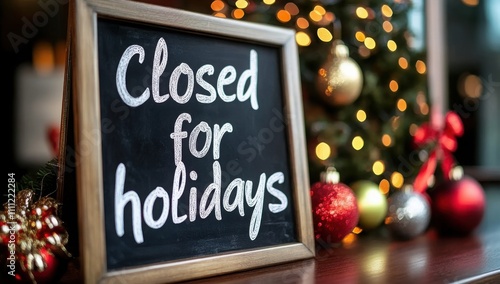 Chalkboard sign 'closed for holidays' with christmas ornaments and lights symbolizes office shutdown for christmas.