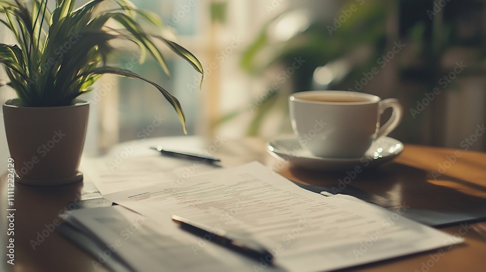 A serene workspace with paperwork, a coffee cup, and a plant, suggesting productivity and calm. A serene workspace with paperwork, a coffee cup, and a plant, suggesting productivity and calm.