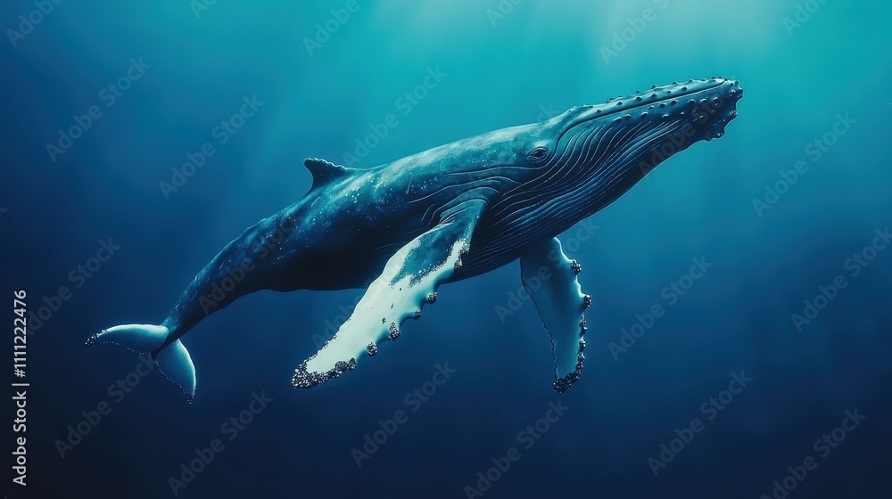 Naklejka premium A majestic whale glides gracefully through deep blue waters, showcasing its immense size and beauty beneath the surface.