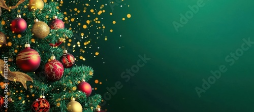 Decorated xmas spruce tree with Christmas red ornaments on green background with lights. Merry Christmas card. Winter holiday festive theme. Happy New Year.