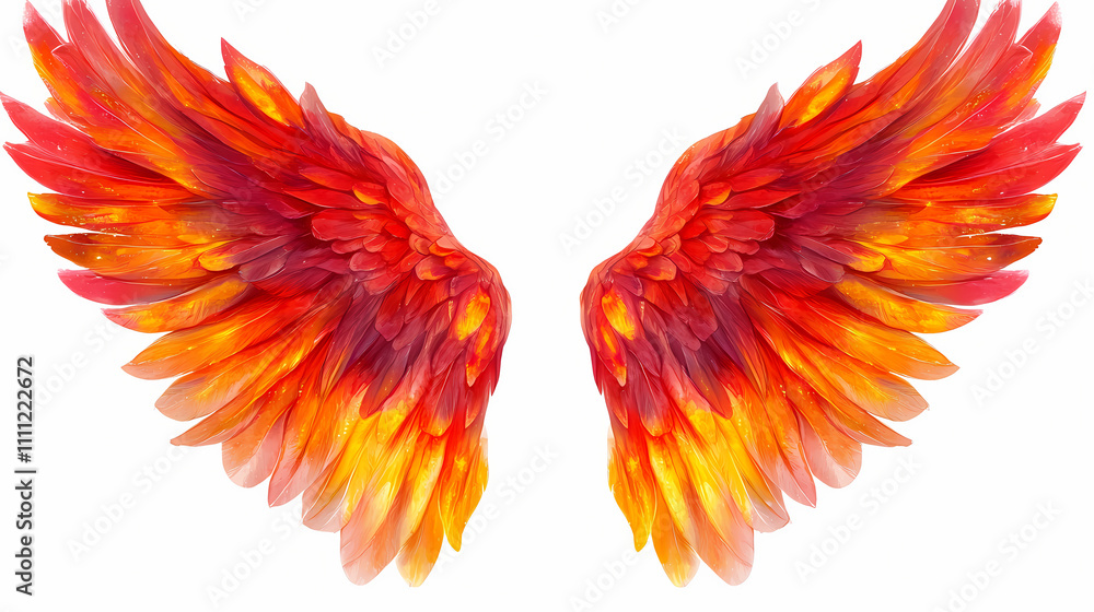 A pair of fiery phoenix wings with flames and vibrant red and orange hues, isolated on white background. Phoenix. Illustration A pair of fiery phoenix wings with flames and vibrant red and orange hues, isolated on white background. Phoenix. Illustration