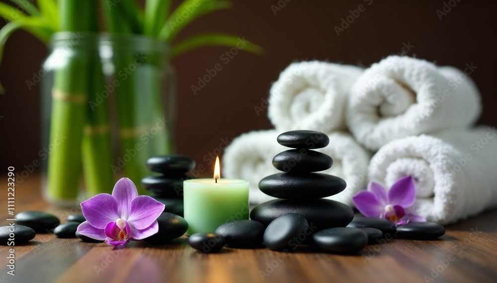 A calming spa scene featuring rolled white towels, a lit candle, and stacked black stones, surrounded by purple orchids. Perfect for promoting relaxation, wellness, and meditation environments.
A calming spa scene featuring rolled white towels, a lit candle, and stacked black stones, surrounded by purple orchids. Perfect for promoting relaxation, wellness, and meditation environments.