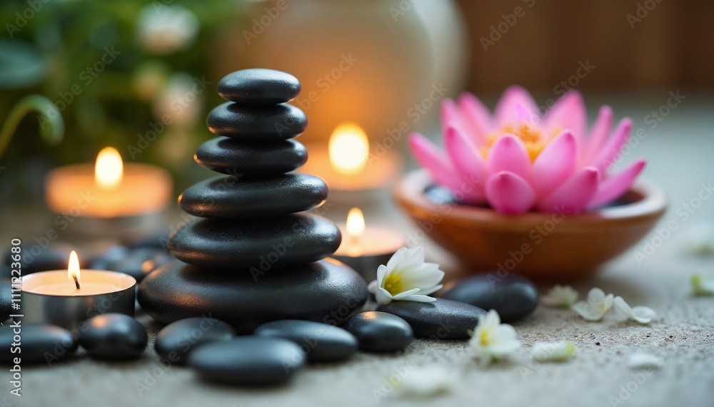 A peaceful arrangement of zen stones with candles and a pink lotus flower, creating a tranquil atmosphere ideal for meditation and relaxation. Perfect for conveying serenity and balance.
A peaceful arrangement of zen stones with candles and a pink lotus flower, creating a tranquil atmosphere ideal for meditation and relaxation. Perfect for conveying serenity and balance.