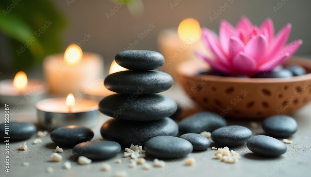 A peaceful arrangement of zen stones with candles and a pink lotus flower, creating a tranquil atmosphere ideal for meditation and relaxation. Perfect for conveying serenity and balance.
A peaceful arrangement of zen stones with candles and a pink lotus flower, creating a tranquil atmosphere ideal for meditation and relaxation. Perfect for conveying serenity and balance.