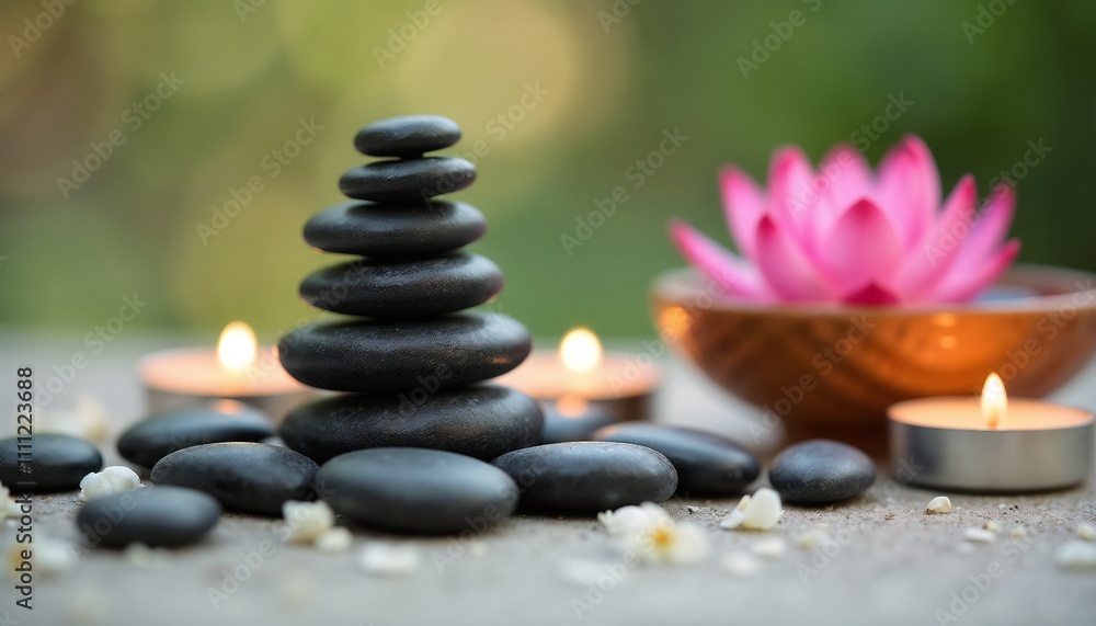 A peaceful arrangement of zen stones with candles and a pink lotus flower, creating a tranquil atmosphere ideal for meditation and relaxation. Perfect for conveying serenity and balance.
A peaceful arrangement of zen stones with candles and a pink lotus flower, creating a tranquil atmosphere ideal for meditation and relaxation. Perfect for conveying serenity and balance.