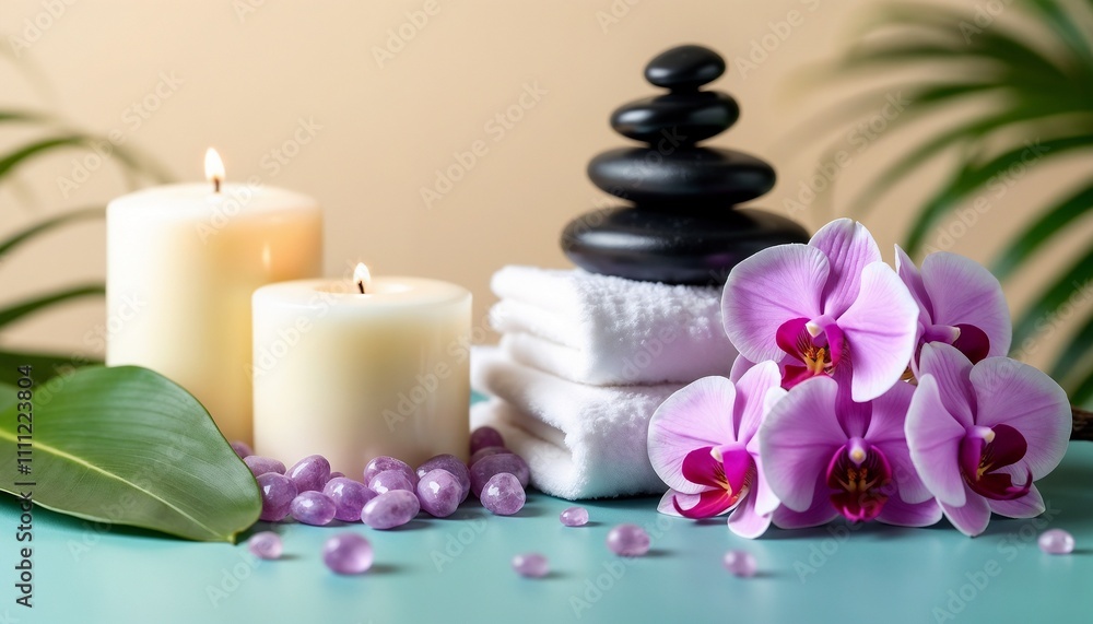 A serene spa scene featuring candles, orchids, and stacked stones, perfect for relaxation and rejuvenation. Evokes calm and tranquility in a peaceful environment, ideal for stress relief and meditatio A serene spa scene featuring candles, orchids, and stacked stones, perfect for relaxation and rejuvenation. Evokes calm and tranquility in a peaceful environment, ideal for stress relief and meditatio