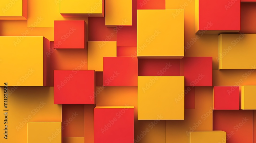 A vibrant arrangement of red and yellow cubes creating a dynamic 3D pattern. A vibrant arrangement of red and yellow cubes creating a dynamic 3D pattern.