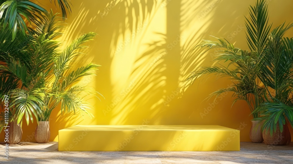 Yellow platform with tropical plants and sunlight shadows. Yellow platform with tropical plants and sunlight shadows.