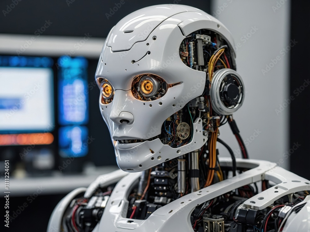 Fototapeta premium A highly detailed close-up of a humanoid robot, showcasing intricate design, advanced technology, and precise mechanical features