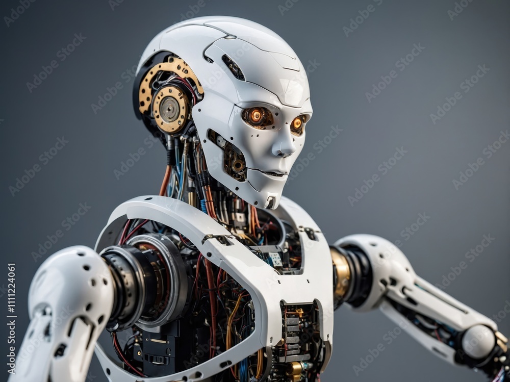 A highly detailed close-up of a humanoid robot, showcasing intricate design, advanced technology, and precise mechanical features A highly detailed close-up of a humanoid robot, showcasing intricate design, advanced technology, and precise mechanical features