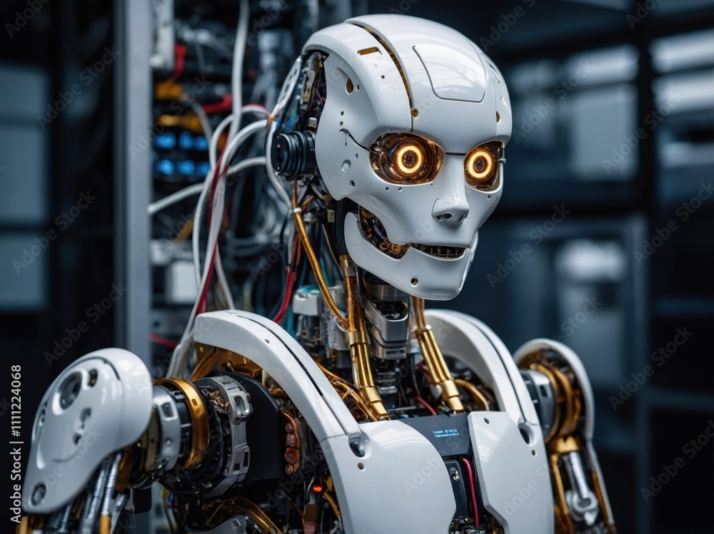 A highly detailed close-up of a humanoid robot, showcasing intricate design, advanced technology, and precise mechanical features A highly detailed close-up of a humanoid robot, showcasing intricate design, advanced technology, and precise mechanical features