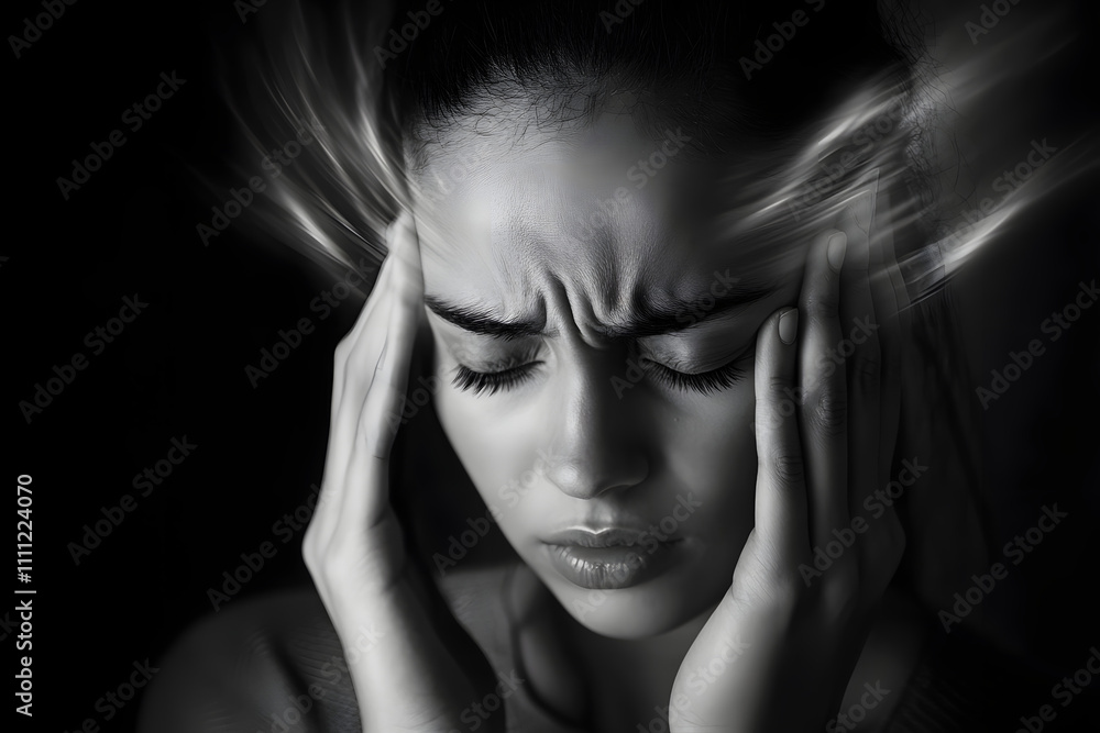 Young woman experiencing a headache with hands on her temples, emotional and expressive portrait, black and white Young woman experiencing a headache with hands on her temples, emotional and expressive portrait, black and white
