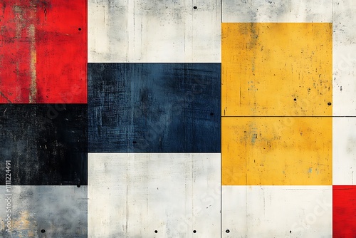 Abstract geometric composition with bold colors and textures.