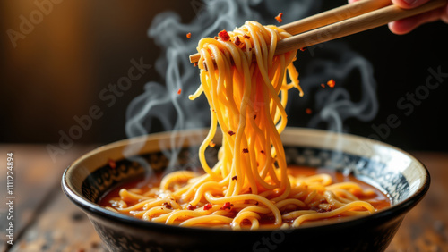 Bowl of buldak ramen with steam rising from hot broth. photo