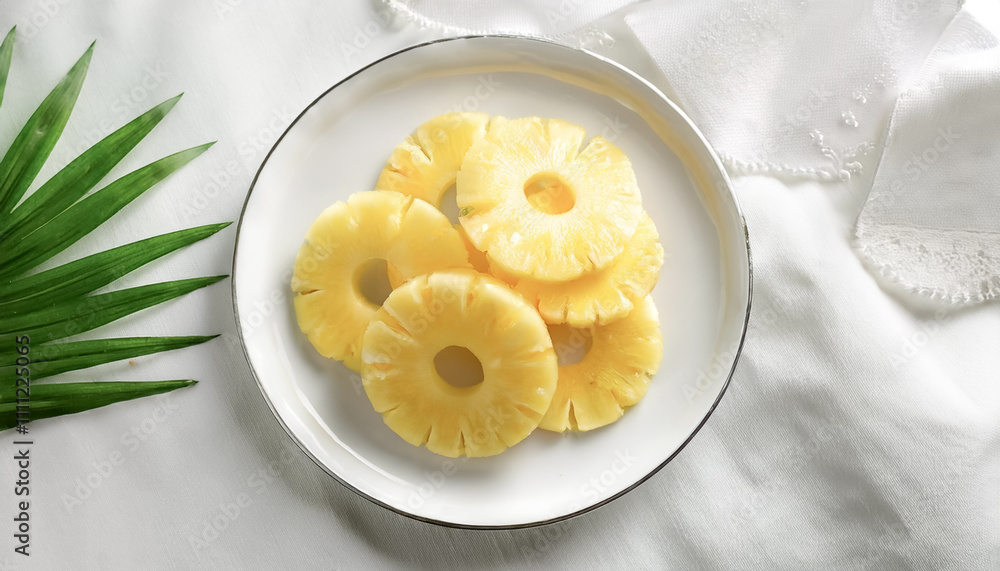 small slices of pineapple on a clean white plate on white small slices of pineapple on a clean white plate on white