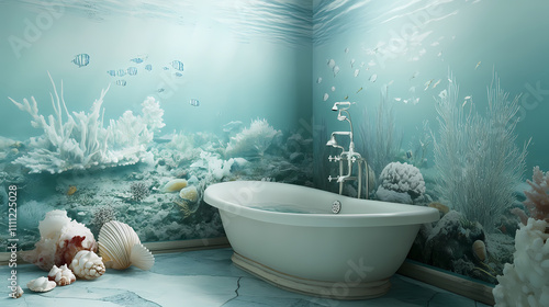 Underwater themed bathroom with ocean mural and seashell decorations. Celadon. Illustration photo