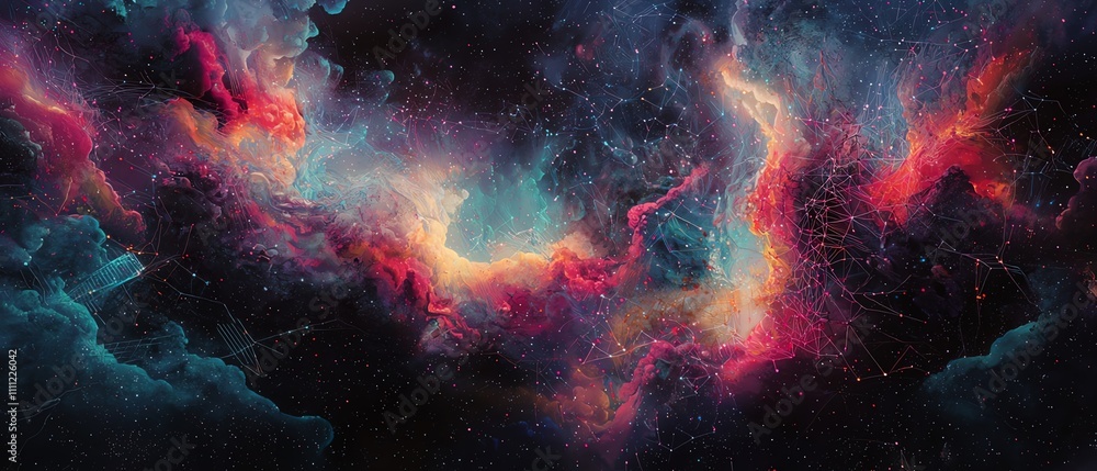 Fototapeta premium Cyberpunk communication web with fractal-like data streams, electric wireframe connections against a deep space background, iridescent digital particles