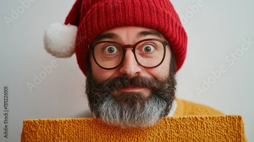 Portrait of funny funky christmas father in red hat headwear look behind white wall poster advertise winter x-mas shopping seasonal miracle sales discounts isolated over bright color background photo